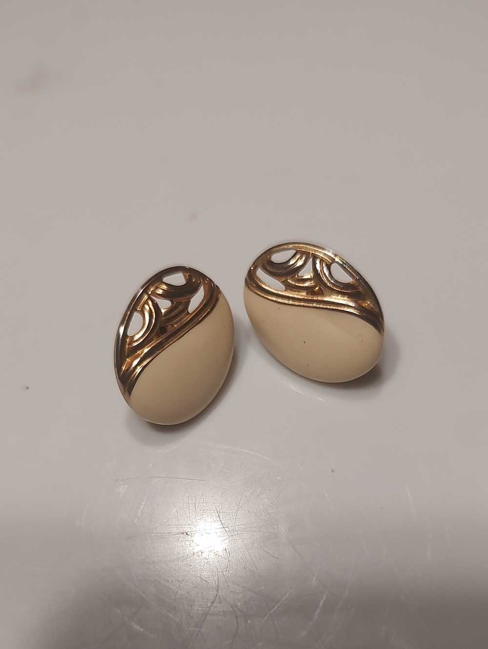 Vintage Gold Tone And Cream Enameled Earrings